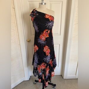 Vintage Black Floral One-Shoulder Beaded Dress